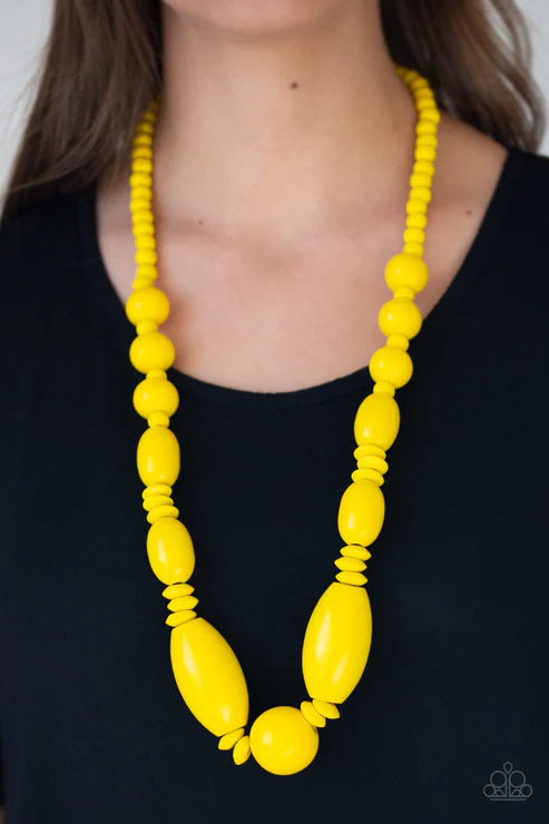 Summer Breezin - Oversized Yellow Distressed Wood Accent Draped Necklace N#4852