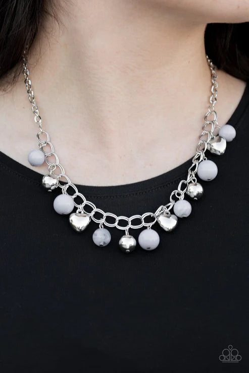 Summer Fling - Silver/Gray Polished/Glassy 3D Heart Accent Double-Linked Fringe Necklace N#6529