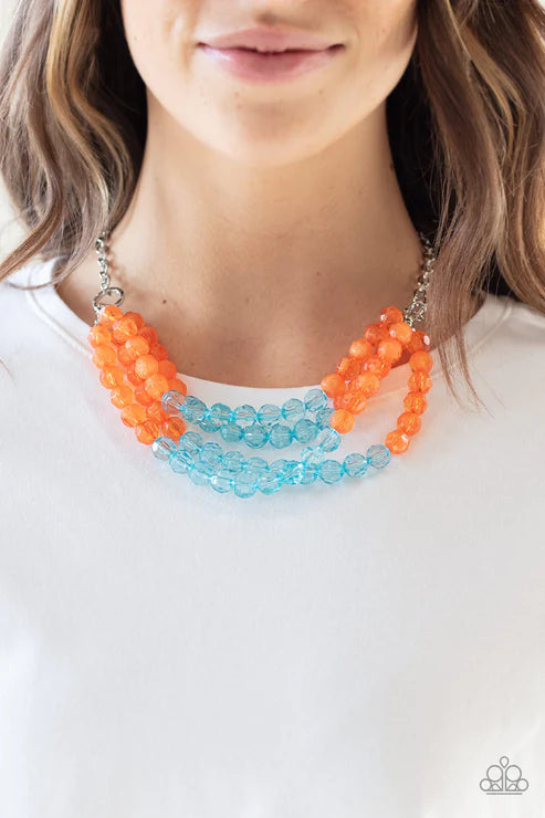 Summer Ice - Orange (Orange/Blue) Cloudy/Glassy Faceted Crystal Necklace N#4408