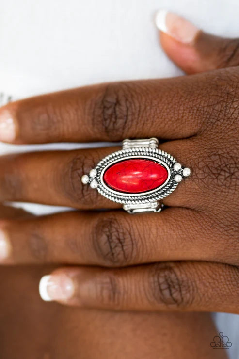 Summer Sandstone - Red Chiseled Oval Textured Dotted Studded Stone Ring R#3039
