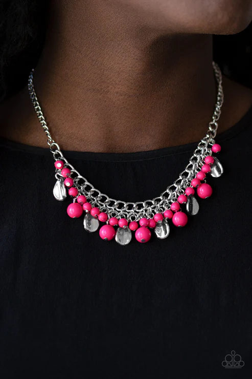 Summer Showdown - Pink Curved Teardrop Fringe Necklace N#6365