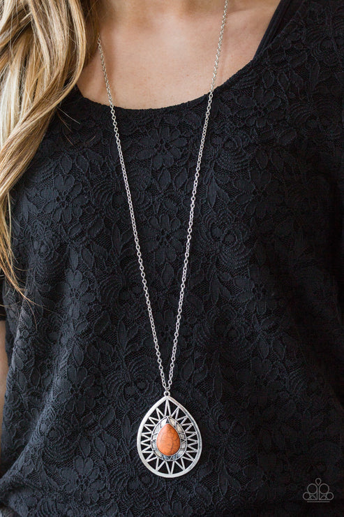 Summer Sunbeam - Orange Sunburst Stone Tribal Teardrop Necklace N#6579