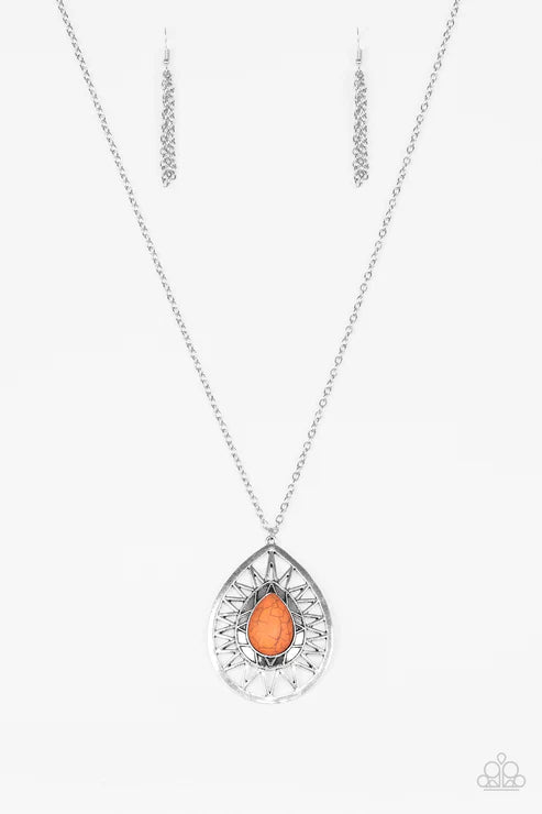 Summer Sunbeam - Orange Sunburst Stone Tribal Teardrop Necklace N#6579