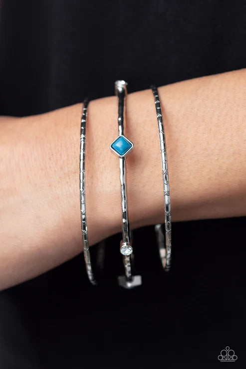 Sunset Fusion - Blue Square Encrusted Hammered Textured Bangle Bracelet Stack B#3729