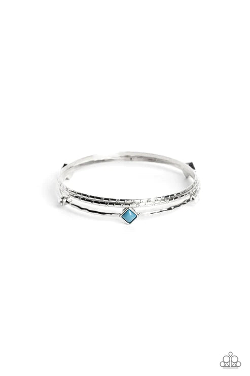 Sunset Fusion - Blue Square Encrusted Hammered Textured Bangle Bracelet Stack B#3729