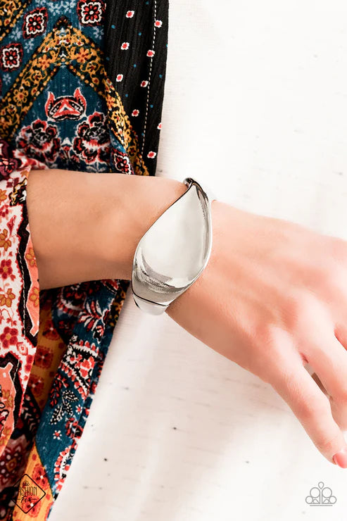 Retro Reflections - Oversized Silver Twisted Wavy Cuff Hinge Bracelet B#3155