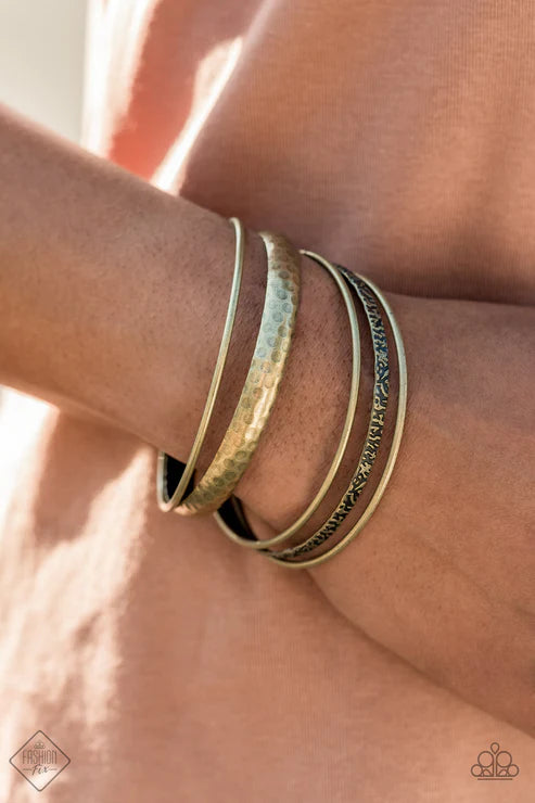 Get Into Gear - Brass Smooth Hammered Textured Industrial Bangle Bracelet Stack B#4471