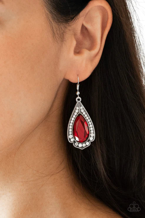 Superstar Stardom - Oversized Fiery Red Encrusted Spade Teardrop Earrings E#6065