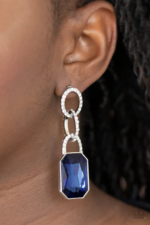 Superstar Status - Oversized Blue Emerald Cut Encrusted Links Dramatic Lure Earrings E#2975
