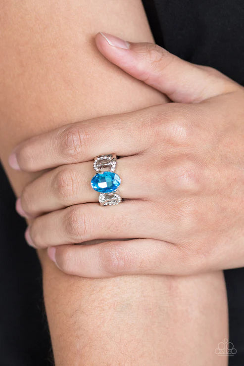 Supreme Bling - Blue Encrusted Frames Link Coalescing Airy Band Ring R#5483