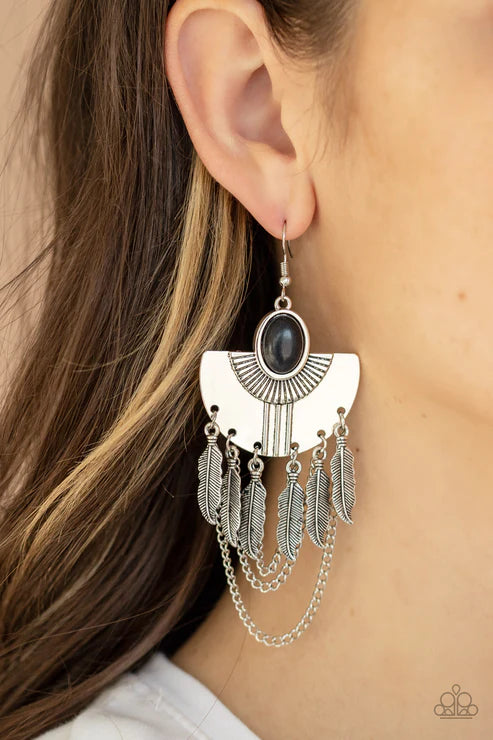 Sure Thing, Chief! - Oversized Black Dotted Stone 3D Fan Feather Fringe Earrings E#4133