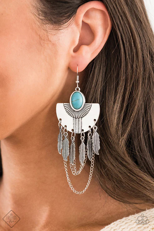 3-Piece Oversized Blue Antiqued 3D Feather Dangle Chains Tribal Pendant Stacked Fanning Texture Stone Set SET#6653