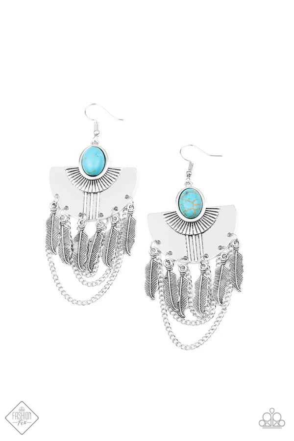 Sure Thing, Chief! - Oversized Blue Dotted Stone 3D Fan Feather Fringe Earrings E#6787