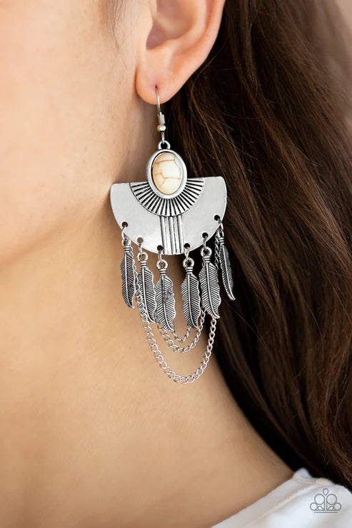 Sure Thing, Chief! - Oversized White Dotted Stone 3D Fan Feather Fringe Earrings E#6791
