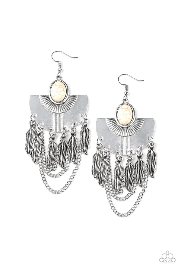 Sure Thing, Chief! - Oversized White Dotted Stone 3D Fan Feather Fringe Earrings E#6791