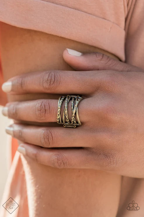 Switching Gears - Brass Textured Crisscross Hammered Ring R#6621