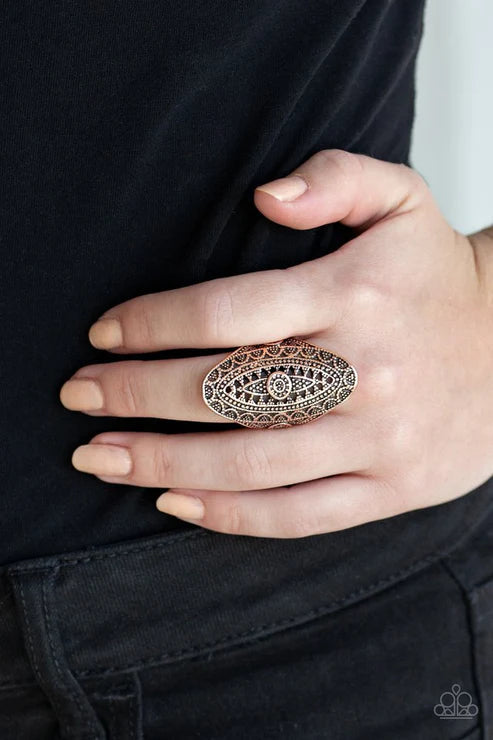 TRIBAL and Tribulation - Oversized Copper Oval Studded Filigree Ornate Elongated Tribal Ring R#6868