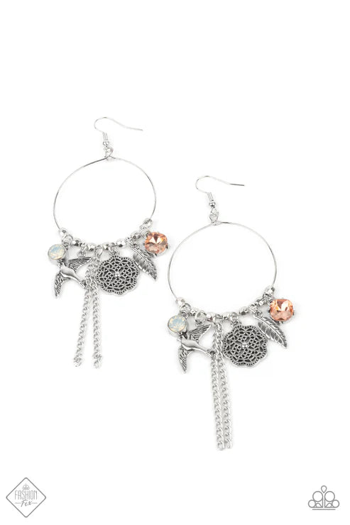 TWEET Dreams - White Free-Spirited Charms Multicolored Gems/Floral Medallion/Bird In Flight/Fluttering Feather Coalescing Charming Lure Earrings E#7348