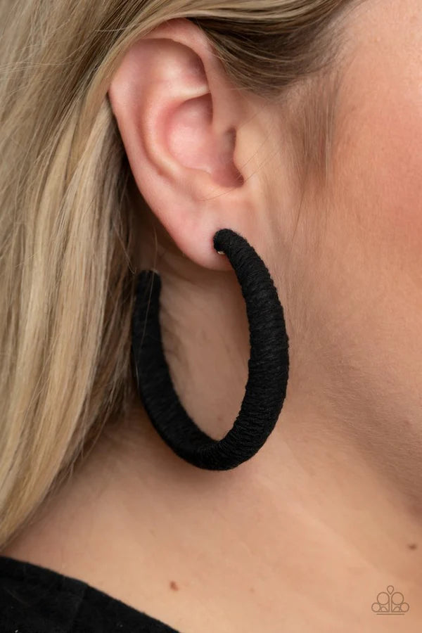 TWINE and Dine - Oversized Black Rustic Twine Cording Wrapped Thick Hoop Earrings E#7022