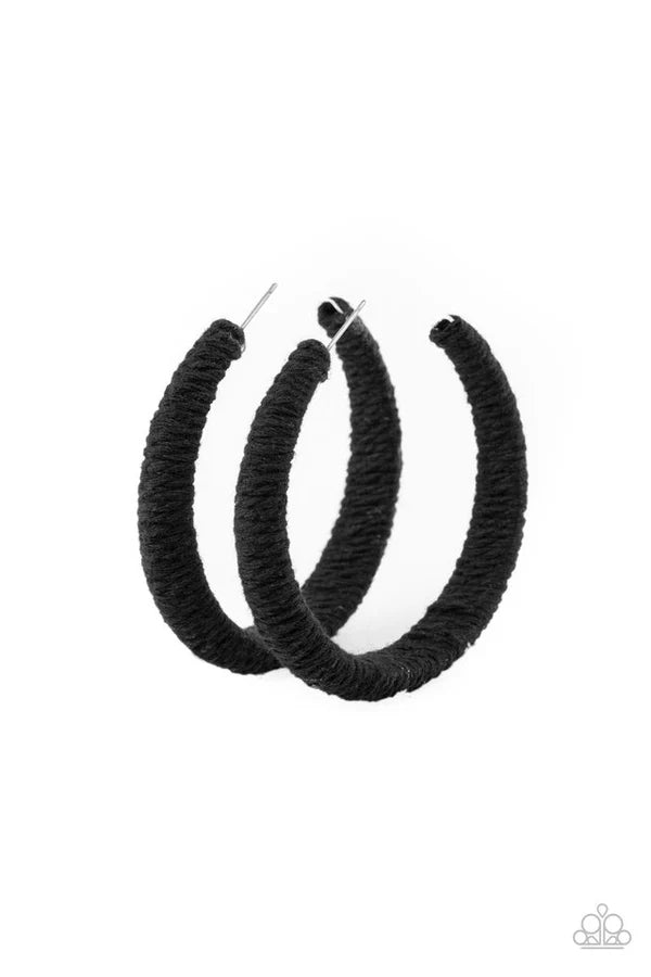 TWINE and Dine - Oversized Black Rustic Twine Cording Wrapped Thick Hoop Earrings E#7022