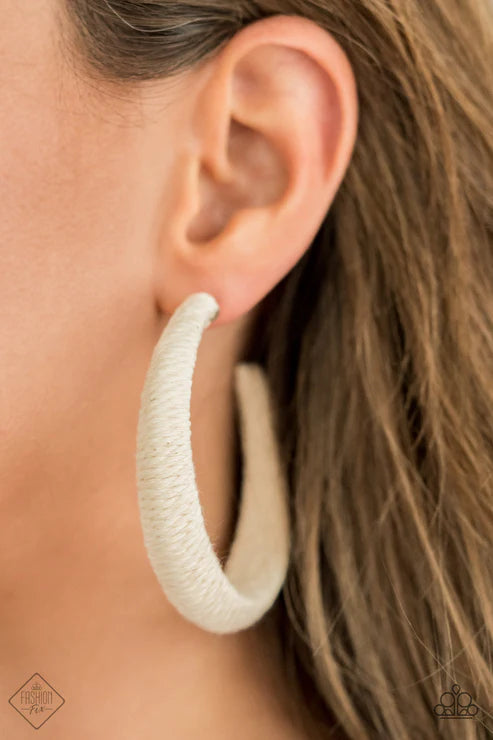 TWINE and Dine - Oversized White Rustic Twine Cording Wrapped Thick Hoop Earrings E#5770