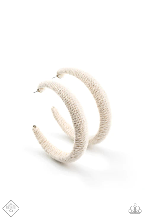 TWINE and Dine - Oversized White Rustic Twine Cording Wrapped Thick Hoop Earrings E#5770