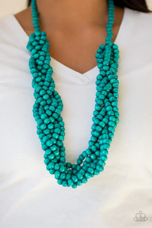 Tahiti Tropic - Oversized Blue Subtly Twisted Distressed Wooden Strands Necklace N#6597