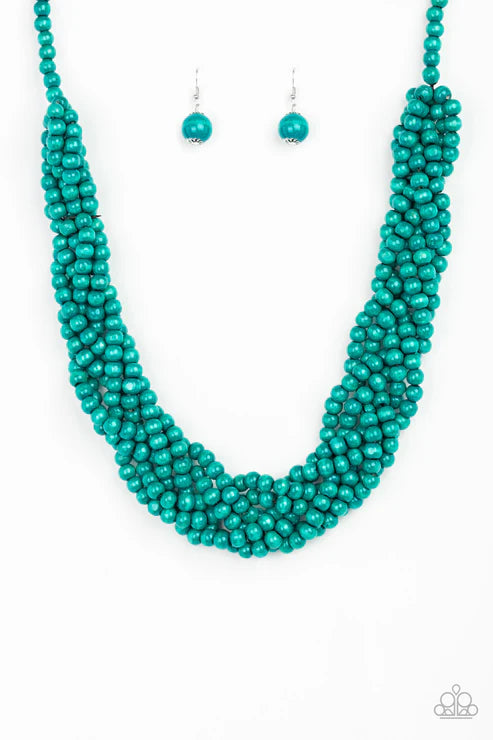 Tahiti Tropic - Oversized Blue Subtly Twisted Distressed Wooden Strands Necklace N#6597