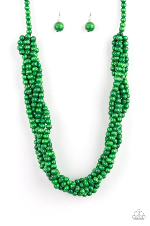 Tahiti Tropic - Oversized Green Subtly Twisted Distressed Wooden Strands Necklace N#4859