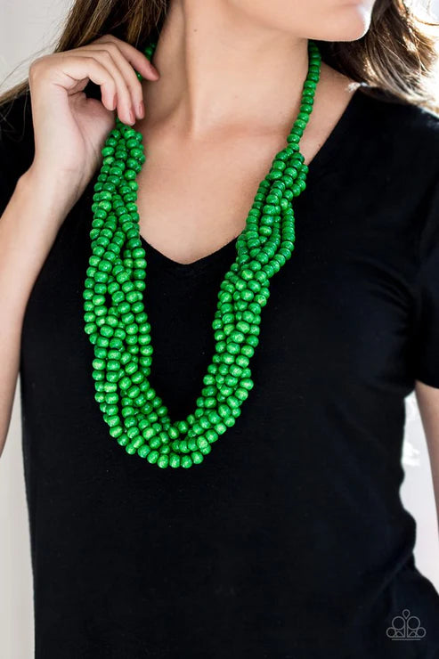 Tahiti Tropic - Oversized Green Subtly Twisted Distressed Wooden Strands Necklace N#4859