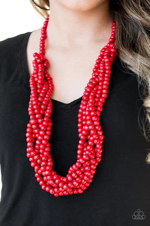 Tahiti Tropic - Oversized Fiery Red Subtly Twisted Distressed Wooden Strands Necklace N#4870