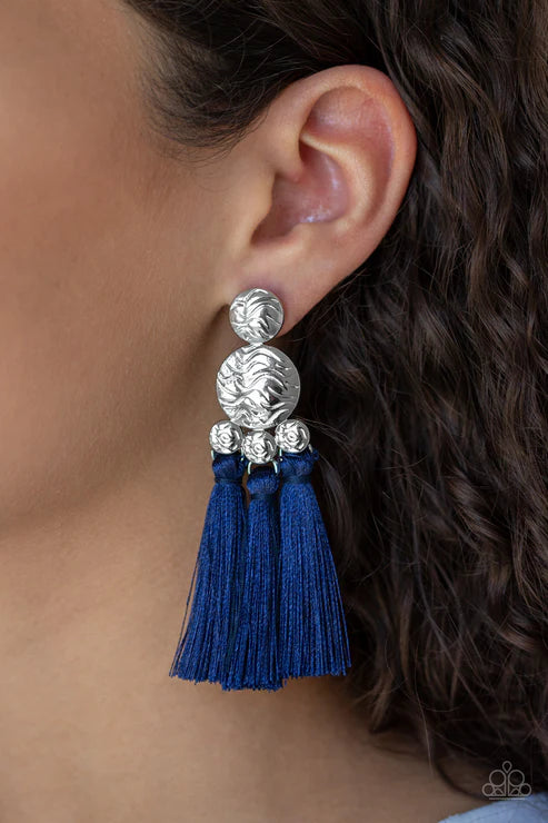 Taj Mahal Tourist - Oversized Blue (Three Evening Blue) Bubbly Etched Wavy Textures Coalesce Discs Threaded Tassels Fringe Earrings E#165