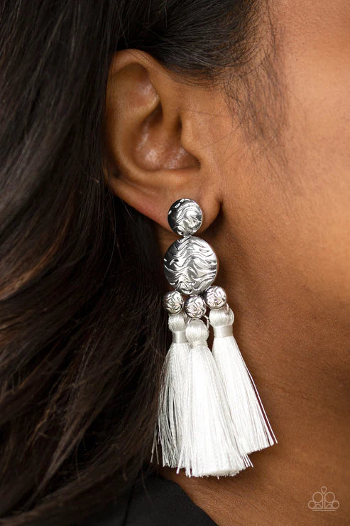 Taj Mahal Tourist - Oversized White Bubbly Etched Wavy Textures Coalesce Discs Threaded Tassels Fringe Earrings E#7329