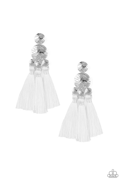 Taj Mahal Tourist - Oversized White Bubbly Etched Wavy Textures Coalesce Discs Threaded Tassels Fringe Earrings E#7329