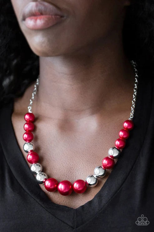 Take Note - Oversized Red/Silver Pearl Drape Necklace N#5525
