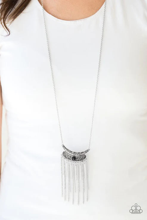 Take ZEN - Black Embossed Vine Stacked Pendant Fringe Necklace N#6204