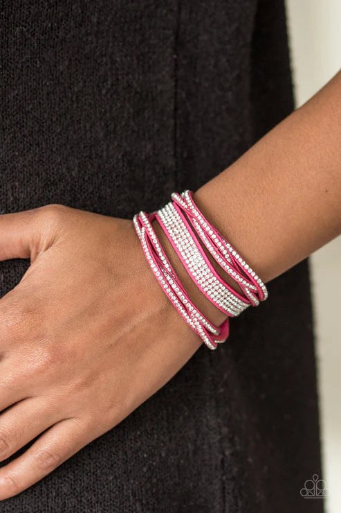 Taking Care Of Business - Pink Elongated Suede Braided Encrusted Stacked Double Wrap Adjustable Snap Closure Bracelet B#6217
