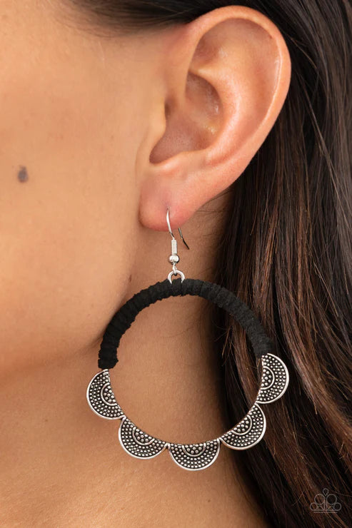 Tambourine Trend - Oversized Black Studded Ruffles Fan Out Airy Hoop Wrapped Suede Accent Earrings E#2960