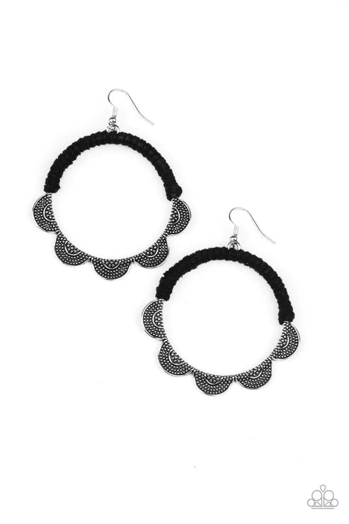 Tambourine Trend - Oversized Black Studded Ruffles Fan Out Airy Hoop Wrapped Suede Accent Earrings E#2960