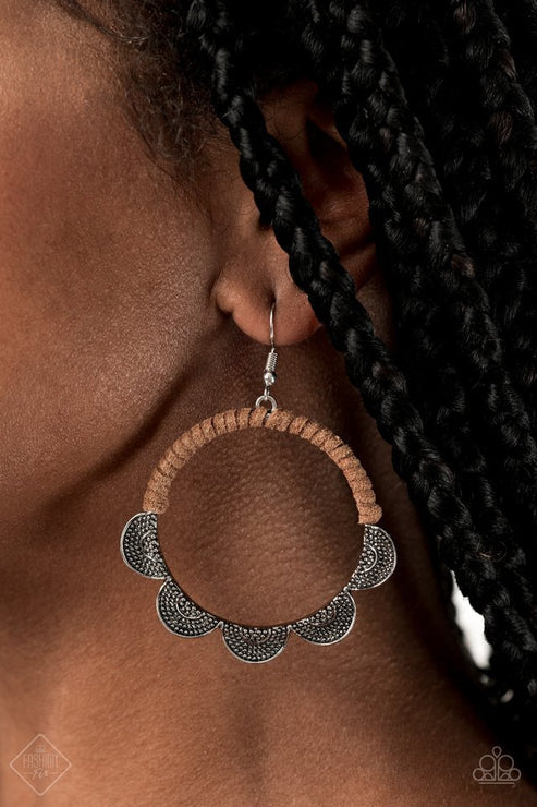 Tambourine Trend - Oversized Brown Studded Ruffles Fan Out Airy Hoop Wrapped Suede Accent Earrings E#5375