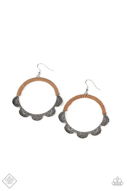 Tambourine Trend - Oversized Brown Studded Ruffles Fan Out Airy Hoop Wrapped Suede Accent Earrings E#5375