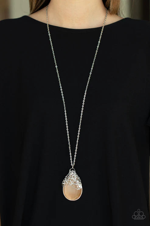 Tangled Gardens - Oversized Orange Whimsical Twisted Wire Overlaps Cat's Eye Moonstone Ethereal Pendant Necklace N#3202