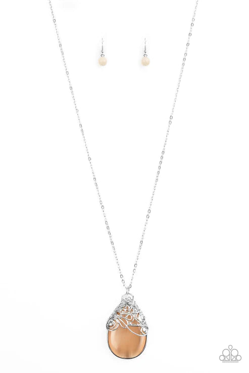Tangled Gardens - Oversized Orange Whimsical Twisted Wire Overlaps Cat's Eye Moonstone Ethereal Pendant Necklace N#3202