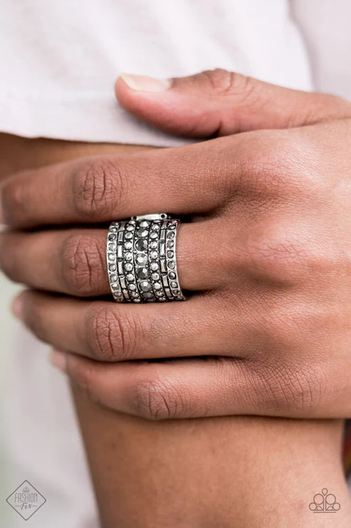 Target Locked - Silver Gritty Linear Textured Hematite Encrusted Ring R#6620