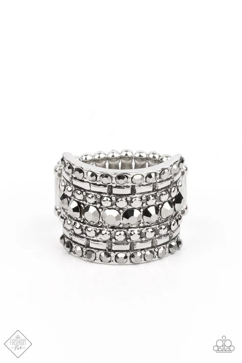 Target Locked - Silver Gritty Linear Textured Hematite Encrusted Ring R#6620
