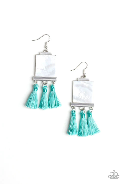 Tassel Retreat - Oversized Blue Rectangular Shell Accent Nestled Trio Threaded Tassel Incandescent Frame Earrings E#3708