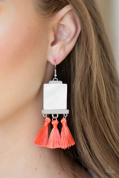 Tassel Retreat - Oversized Orange (Coral) Rectangular Shell Accent Nestled Trio Threaded Tassel Incandescent Frame Earrings E#3845