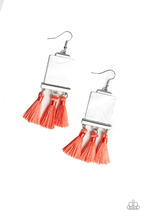 Tassel Retreat - Oversized Orange (Coral) Rectangular Shell Accent Nestled Trio Threaded Tassel Incandescent Frame Earrings E#3845