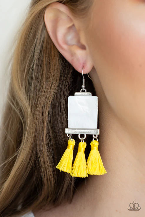 Tassel Retreat - Oversized Yellow Rectangular Shell Accent Nestled Trio Threaded Tassel Incandescent Frame Earrings E#3830