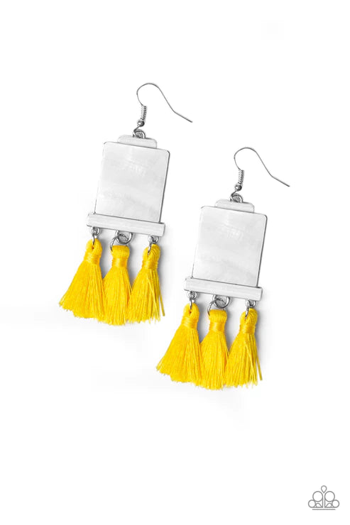 Tassel Retreat - Oversized Yellow Rectangular Shell Accent Nestled Trio Threaded Tassel Incandescent Frame Earrings E#3830
